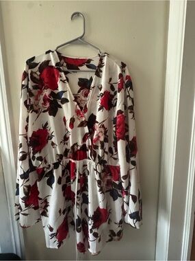 White Floral V-Neck d romper with Red Roses